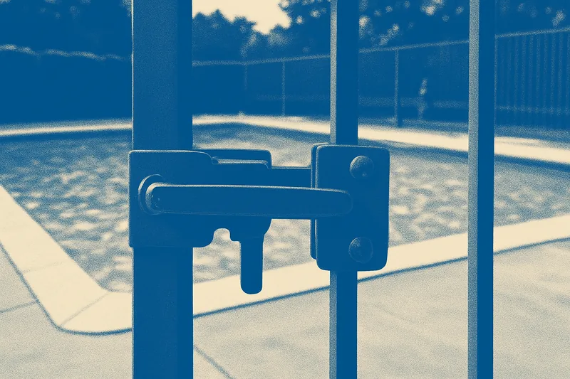 A close view of a pool gate latch and hinge — pool registration and the barrier, Ballarat. Illustrative example.
