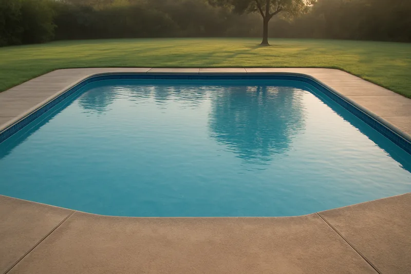 A backyard pool with calm blue water in soft morning light — pool resurfacing, Ballarat. Illustrative example.