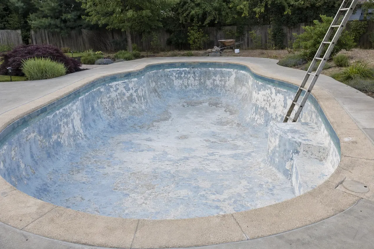 A drained backyard pool shell with a worn, patchy surface and a ladder on the edge — pool resurfacing, Ballarat. Illustrative example.