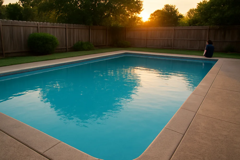 A pool with clear blue water and an even surface in warm evening light — pool resurfacing, Ballarat. Illustrative example.